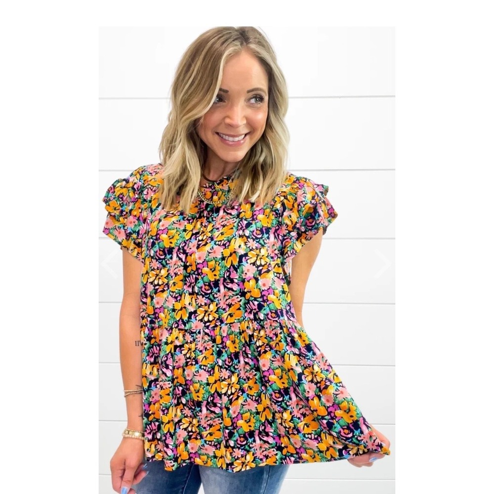 Umgee USA Floral Babydoll Top Medium Multicolor Ruffle Sleeve Rayon